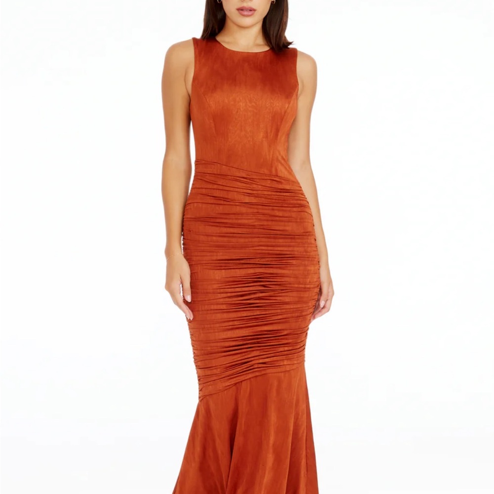 Burnt Orange Ruched Midi Dress